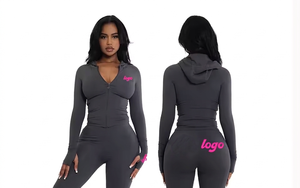 Conjunto Deportivo de Dos Piezas para Mujer con Capucha, Chaqueta Larga con Cierre y Pantalones Acampanados, Ajuste Ceñido, Poliéster/Algodón - Product Image 4