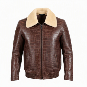 <b>Men's</b> Embossed PU Leather <b>Bomber</b> <b>Jacket</b> With Faux Fur Collar Zipper Closure Moto Biker Style Winter Coat - Product Image 4
