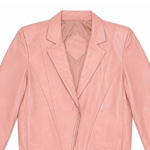 University Women Pink <b>Leather</b> <b>Blazer</b> Jacket Slim Fit Fashion Motorcycle Biker Jacket Casual Zip Up Outerwear - Product Image 2