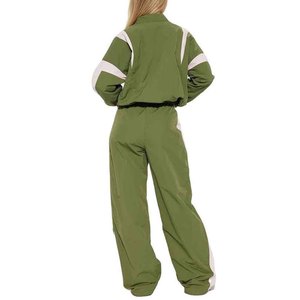 Survêtement vert pour femme, manches longues, col montant, coupe ample sportive, respirant, en polyester, tenue décontractée de printemps pour le jogging - Product Image 2