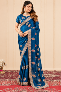 Vexotrend India Pakistan Premium <b>Velvet</b> Satin Traditional <b>Saree</b> for Women Embroidery Swarovski Wrinkle-Free Quick-Dry Wedding - Product Image 6