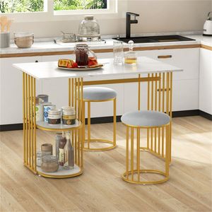 Set da Pranzo Bianco e Oro con Tavolo con Piano in Finto Marmo, 2 Ripiani Aperti e Sgabelli Imbottiti Regolabili - Product Image 2