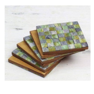Ensemble de 4 sous-verres carrés incrustés d'os à damier gris et vert pour thé, café, bureau, boisson, ustensiles de cuisine, cadeau de pendaison de crémaillère - Product Image 2