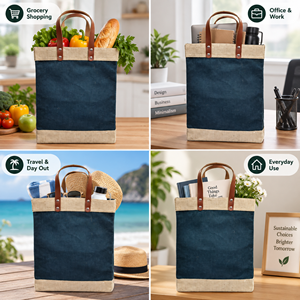 Sac fourre-tout personnalisé en jute avec poignées en cuir PU, sac de courses écologique, sac promotionnel pour la vente au détail, sac cadeau en gros - Product Image 3