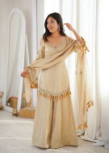 Beige Embroidered Ethnic <b>Shawl</b> Tassel Border Silk Scarf Wrap for <b>Wedding</b> Festival Wear - Product Image 1