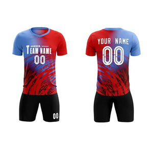 Conjunto de Camiseta y Pantalones Cortos de Fútbol Sublimados con Degradado Rojo y Azul Personalizado, Cuello en V, Manga Corta, Absorbe la Humedad, Ropa Deportiva para Hombre - Product Image 1