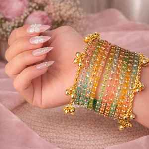 Gold Plated Glass Kashmiri Bangles with Emerald Cut Pearl Detailing Trendy Bridal & Wedding Occasion Wear - Product Image 3
