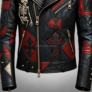 Chaqueta de Motociclista de Cuero Genuino para Hombre, Negra con Bordado de Calavera y Cruz Roja, Estilo Biker, Resistente al Viento, Corte Ajustado, Cuello Redondo, Transpirable - Product Image 3
