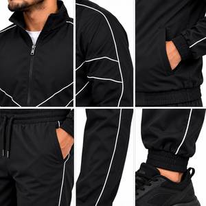 Survêtement zippé coupe-vent noir pour homme avec imprimé rayures blanches, col montant, logo frontal, coupe régulière, style sportif, idéal pour l'hiver - Product Image 5
