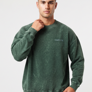 Sweat-shirt surdimensionné à col rond pour homme, vert uni, coton délavé à l'acide, style décontracté d'automne - Product Image 6