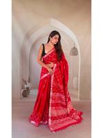 Saree Linen Cetak Tangan dengan Pewarna Alami dan Blus, Saree Tradisional India Buatan Tangan Murni, Bebas Bahan Kimia, Cetak Tangan