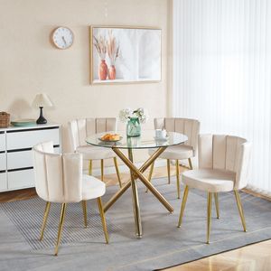 Set da Pranzo Mid-Century 1+4,5 Pezzi con Tavolo con Gambe in Metallo per 4-6 Persone, Piano in Vetro, Tavolo da Pranzo con Base a Piedistallo per Sala da Pranzo - Product Image 5