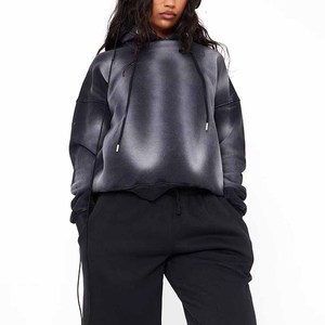 Sudadera con capucha extragrande para mujer, con efecto teñido y lavado ácido frontal, top corto de manga larga, tejido 100% algodón, para invierno, color personalizado, hombros caídos - Product Image 1