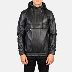 Chaqueta de cuero negra con capucha para hombre, media cremallera, informal, cortavientos, corte ajustado, estilo otoñal - Product Image 5