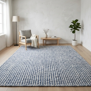Alfombra de Lana Acrílica a Rayas, Color Azul Marfil, Rectangular, Pelo Medio, Base Antideslizante de Goma, Estilo Escandinavo, para Sala de Estar - Product Image 1