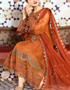Vestido Largo Tradicional de Gasa Naranja Bordado para Mujer con Dupatta, Atuendo para Invitadas de Boda, Estilo Pakistaní e Indio - Product Image 6