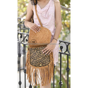 LW Handmade Brown Leather Saddle Bag <b>Unique</b> Leopard Cow Print Western Fringe Purse with Single Strap Vintage Dress Lady Style - Product Image 2