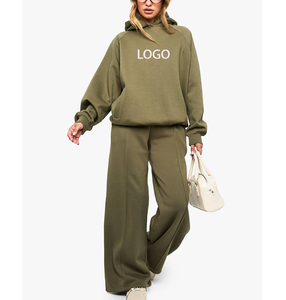 Ensemble de survêtement pour femme en tissu polaire technique, style streetwear, coupe ample, avec pantalon de jogging à jambe large et capuche, version entraînement général - Product Image 4