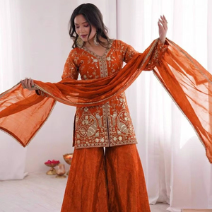 Embroidered <b>Kurti</b> Sharara Set with Dupatta | Women Festive & Wedding Ethnic Wear Party Wear Ethnic Outfit for Women - Product Image 1