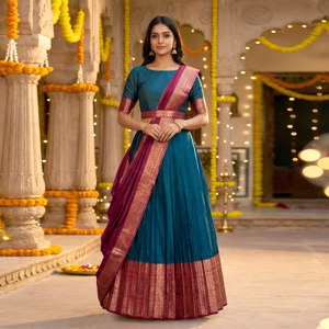 ชุดเลเฮนกาโชลีผ้าไหมบานาราซี งานปักดิ้นแบบดั้งเดิม ยาวถึงพื้น แห้งเร็ว ไม่ยับ ดีไซน์หรูหรา สำหรับงานปาร์ตี้ ดิวาลี ชายหาด - Product Image 2