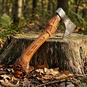 Hache de camping artisanale en acier forgé à dos plat, 4 lames, tête de lion sculptée, manche en bois |   Décoratif Extérieur - Product Image 2