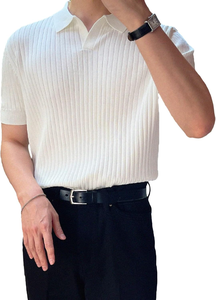 Camiseta de punto acanalado para hombre, cuello en V, manga corta, informal, lisa, color blanco, talla L - Product Image 3