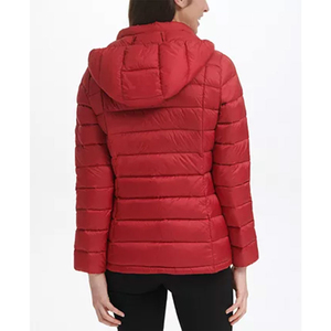 2026 Custom Made Women's Red <b>Hooded</b> Down <b>Coat</b> Full Sleeve Zipper Closure <b>Winter</b> Warm Casual Outerwear Solid Color Puffer Jacket - Product Image 2