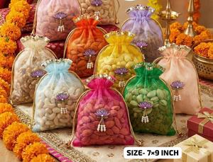 Celebrate festive elegance with this vibrant set of handcrafted organza potli bags premium dry fruit gifting - Product Image 2