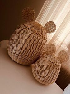 Handmade Rattan Mouse Ear Storage <b>Basket</b> <b>with</b> <b>Lid</b> Natural Woven Organizer for Kids Room Toy Storage and Nursery Decor - Product Image 2