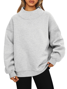 Women's Oversized <b>Stand</b> Collar Sweatshirt Solid Color <b>Drop</b> Shoulder Cotton Blend Knitted Autumn Wear Regular Length Full Sleeve - Product Image 4