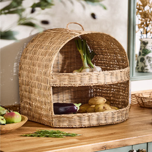 Natural rattan <b>cube</b> storage <b>basket</b> designed with open-slat corner framing and cut-out handles, sized for shelving units. - Product Image 3