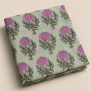 Tela de Algodón Estampada a Mano con Diseño Floral Buta en Verde Salvia y Rosa, Suave y Transpirable, para Confección de Kurta y Decoración del Hogar - Product Image 1