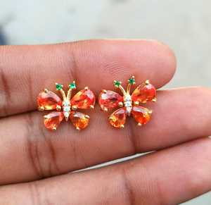 Boucles d'oreilles papillon en argent sterling 925 avec saphir orange, pierre précieuse taille poire 5x7mm, bijoux fins faits à la main, cadeau pour elle - Product Image 1