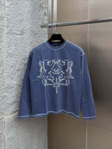 T-shirt à manches longues surdimensionné pour homme avec motif lion, bordure contrastée, col rond, jersey décontracté, tricoté, 100% coton, haut éco-responsable - Product Image 6
