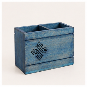 Handcrafted Rustic Blue Wooden Cutlery Holder 2-Compartment Solid Mango Wood Utensil <b>Caddy</b> For Dining Table & <b>Kitchen</b> Countertop - Product Image 3