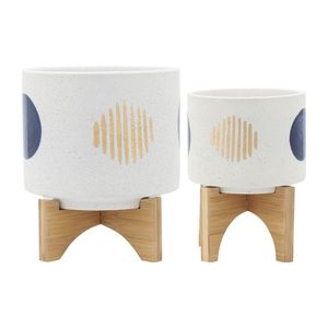 Minimalist Set 2 Metal Flower <b>Pot</b> with Wooden Stand Elliptical Pattern Glazed Finish <b>for</b> Indoor Desktop Use - Product Image 1