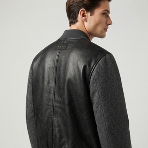 Chaqueta de Hombre de Cuero Negro con Mezcla de Lana, Cuello Acanalado, Botones a Presión, Manga Larga, Estilo Casual Urbano - Product Image 4