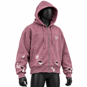 Sudadera con capucha y cremallera para hombre, personalizada, con efecto desgastado, salpicaduras de pintura, color malva empolvado, corte holgado, estilo urbano, logotipo bordado, OEM, marca privada - Product Image 3