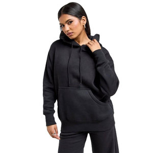 Chándal negro con capucha para mujer, manga larga, color sólido, corte holgado informal con bolsillos laterales, algodón de peso medio para mujer - Product Image 3