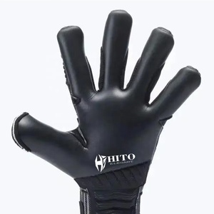 Guantes de portero de fútbol de punto negro de diseño personalizado con látex alemán en relieve, correa elástica alemana de 4 mm, corte híbrido - Product Image 3