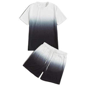 Men's Summer Color Blocking Crew Neck T-Shirt And <b>Shorts</b> Set Quick Dry Knitted Sporty Outfit - Product Image 1