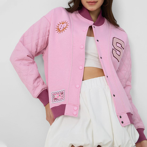 Pink Full Sleeve Turn Down Collar Button Closure Quilted Embroidery Letter S Design OEM ODM Service Women Varsity <b>Jacket</b> - Product Image 1