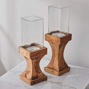 Ensemble de porte-bougies en verre et bois artisanal avec base carrée, décoration de table rustique de style farmhouse - Product Image 4
