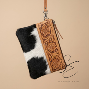 Cowgirl Tooled Leather & Cowhide <b>Wristlet</b> Clutch Wallet Handmade Floral Embossed Zipper Pouch for Women Genuine Leather Bag - Product Image 3