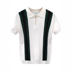 Polo de Punto Blanco para Hombre con Rayas Verdes, Manga Corta, Corte Regular, Estilo Preppy, Ribete en Contraste - Product Image 1