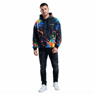 Sweat-shirt à capuche noir pour homme avec imprimé graphique de gouttes de peinture colorées, streetwear personnalisé - Product Image 1