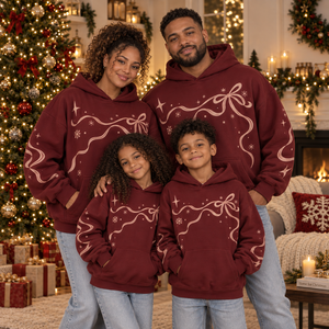 Family Matching Christmas Embroidered Eco-Friendly <b>Burgundy</b> Bow Ribbon Snowflake Print Pullover Sweatshirt Winter Cotton Fleece - Product Image 6