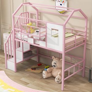 Letto a soppalco in metallo rosa con design del tetto unico e contenitore portaoggetti per bambini - Product Image 2