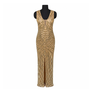 Luxury Gold Beaded Evening Gown Women Deep V Neck Sleeveless Embellished Maxi Dress Front Slit Formal Wedding Prom Party Design - Product Image 1