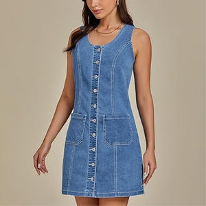 Robe en jean extensible décontractée pour femme, été 2025, silhouette droite sexy, délavage foncé, courte, sans manches, avec poche plaquée - Product Image 4